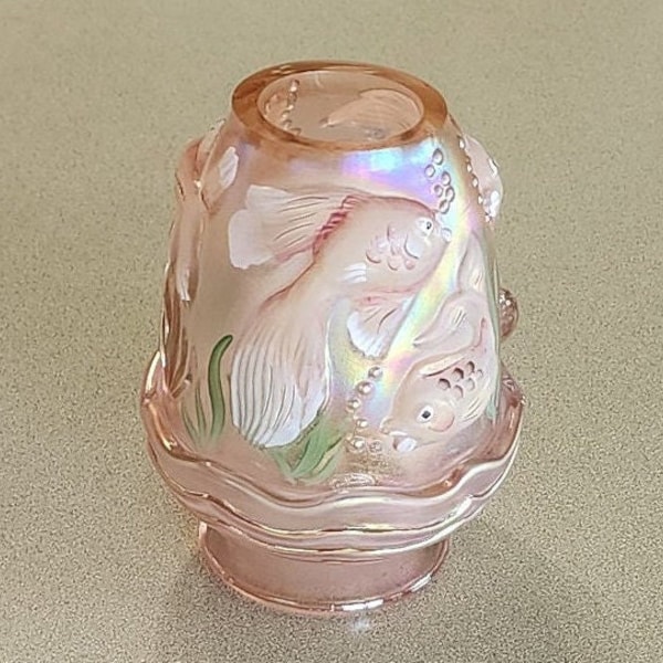 Vintage FENTON Atlantis Koi Fish Fairy Lamp Pink Iridescent Hand Painted, Signed by Artist. Factory Sticker. 4 7/8 inches tall. No damage.