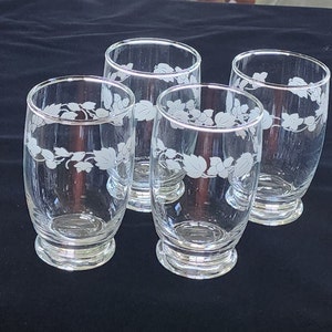 4 Vintage Mid Century White GOOSEBERRY Pyrex Water Tumblers Glasses Drinkware 4 3/4 inches tall and hold 10 ounces. 3 sets available.