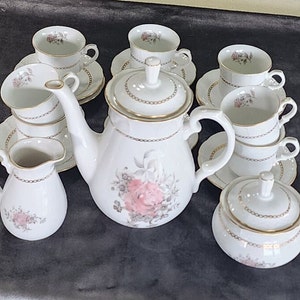 Vintage Demi Tea Coffee Set Thun Czechoslovakian 21 Pieces Fine Porcelain 8 Cups Saucers, Creamer, Sugar with Lid, Tea/Coffee Pot, Gold Trim