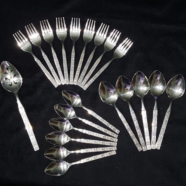 Vintage ONEIDA CAPRI Distinction Deluxe Stainless Flatware;  Teaspoons, Salad Forks, Soup Spoons, Slotted Spoon.