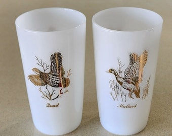 2 Mid Century Federal Glass Game Bird Glasses Tumblers Milkglass with 22 K Gold Birds, Quail and Mallard Duck.  Hold 10 ounces. Nice shape.