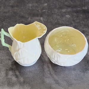 Vintage BELLEEK Sugar and Creamer 3rd Black Mark 1926 to1946 White Lily with Iridescent Yellow Inside, Pitcher has Green Handle. No damage.