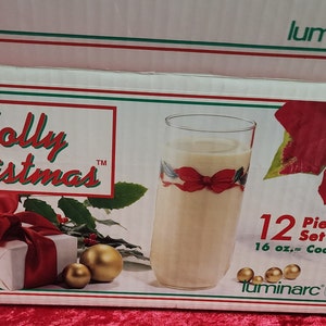 Vintage 12 Luminarc HOLLY CHRISTMAS Tumblers Glasses, New In Box, Hold 16 ounces and 6 inches tall. Holly and Red Bow.