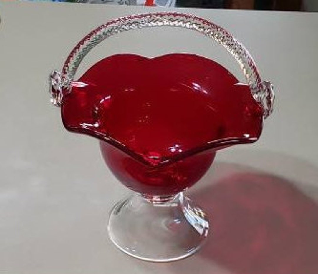 Vintage Art Glass Basket. Basket is Red With Crystal Base and Textured