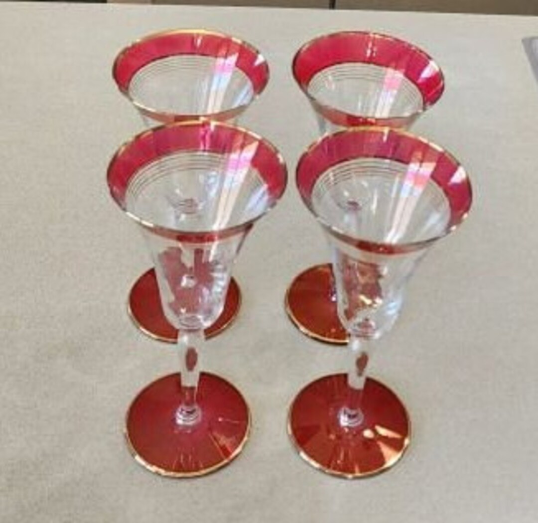 Vintage 4 Rare Wine Water Goblet Stemware Cranberry Rose Gold Etsy