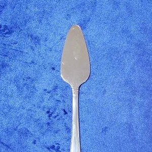 Może przedstawiać: Srebrny nóż do ciasta z lekko zakrzywionym ostrzem i długim, smukłym uchwytem. Nóż znajduje się na niebieskim aksamitnym tle.