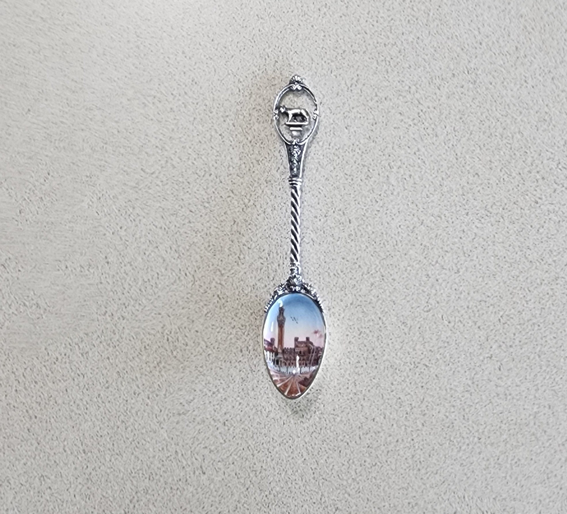 Vintage Antique Souvenir Spoon Bear Handle and Enameled Bowl with City Picture Unmarked Maker or Silver Content. Russia?  Nice condition.