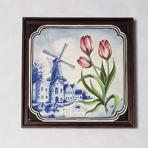 Vintage Dutch Tile of Windmill and Tulips signed GAN. Koremolen Flour Mill. Wooden frame for hanging.
