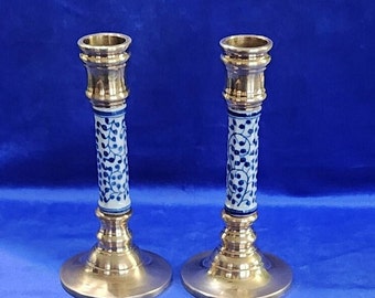 Vintage Pair of Brass Candle Holders with Blue and White Porcelain Pottery Stems 7 inches tall and 3 3/4 inche Base. Made in Thailand.
