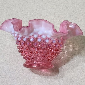 Vintage FENTON Double Crimped Hobnail Cranberry Opalescent Candy Bon Bon Dish.  Beautiful.