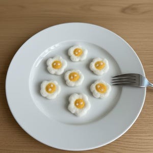 May include: A white plate with seven felted egg-shaped decorations, each with a yellow yolk and white petal-like edges. A silver fork rests on the plate. The plate is on a wooden surface.