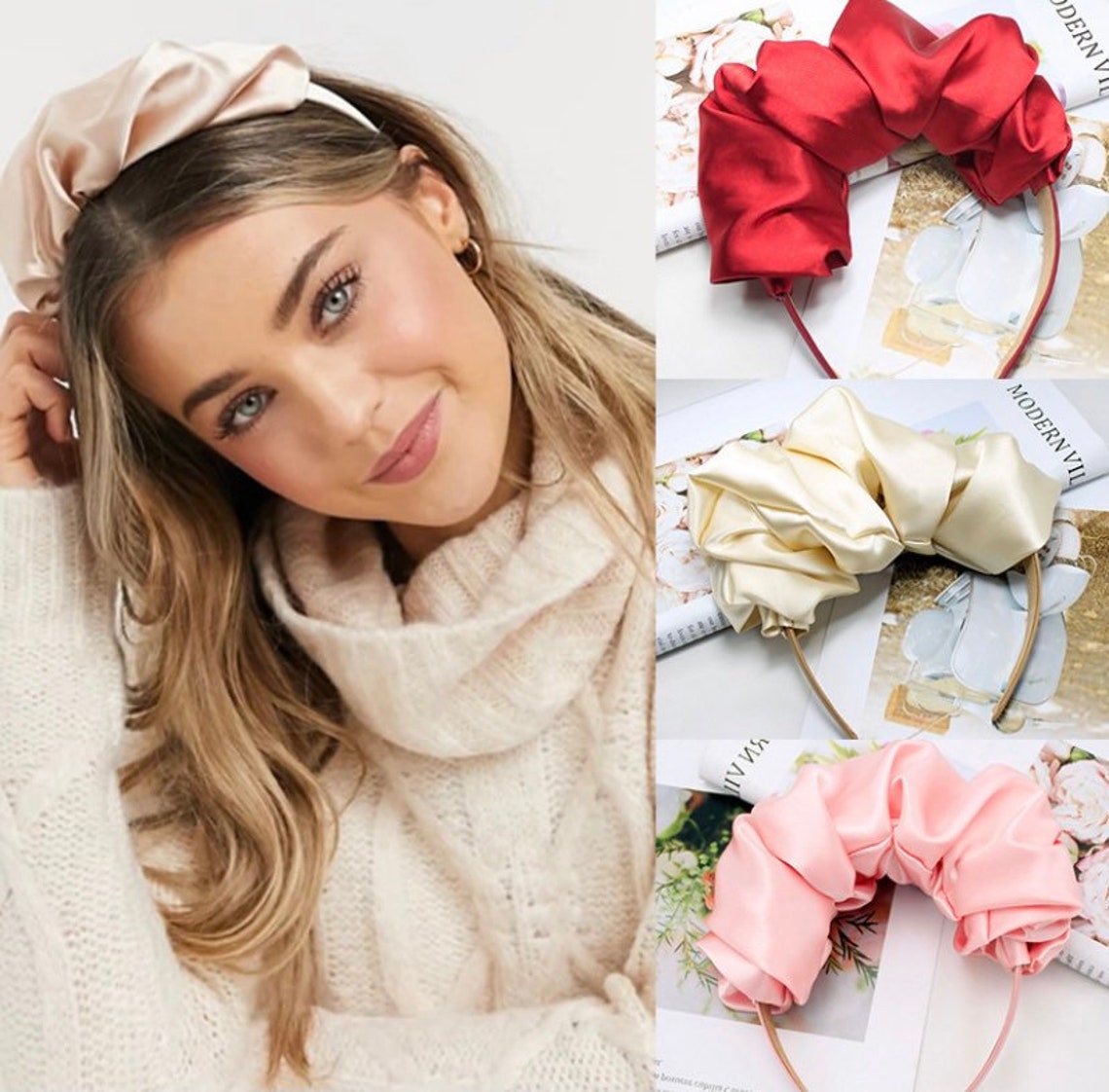 Ruched Ruffle Headband Satin Scrunchie Headband Crown Etsy