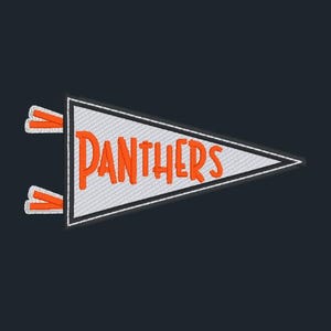 Può includere: Un pennone bianco con bordo nero e cuciture arancioni. Il pennone ha la parola "PANTHERS" scritta in arancione.