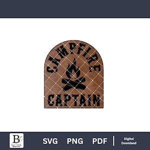 May include: A brown, arched design featuring the words "CAMPFIRE CAPTAIN" in black, with a black campfire graphic. The design has a grid pattern and is set against a white background. The bottom of the image includes file type options.