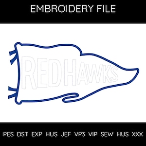 Red Hawks Pennant Applique Embroidery Design | Spirit Wear School Team Sports Patch | Instant Digital Download
