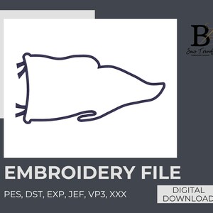May include: A white flag-shaped embroidery design outlined in dark blue, set against a white background. The text "EMBROIDERY FILE" is displayed below the design, along with file format abbreviations. The words "DIGITAL DOWNLOAD" are in a white rectangle.