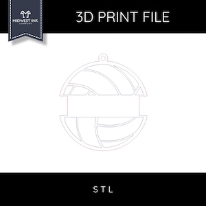 May include: A digital 3D print file featuring a circular volleyball ornament design with a blank horizontal banner across the center for personalization. The graphic is outlined in thin lines on a white background with the text 3D PRINT FILE and STL.