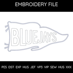 Può includere: Disegno di ricamo in bianco e nero di un pennone con la parola "BLUEJAYS" in grassetto.