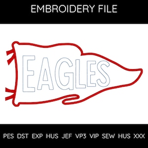 Könnte beinhalten: Rote und blaue Stickerei eines Wimpels mit dem Wort "EAGLES" in weißen umrandeten Buchstaben.