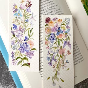 Marque-pages jardin fleuri, aquarelle originale, lot de 2, taille 2,3 x 6 pouces, marque-page fait main, cadeau pour les lecteurs et amoureux des livres, floral