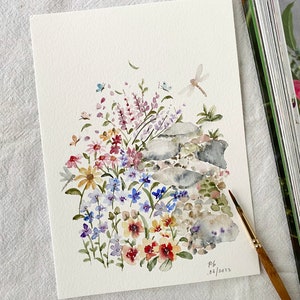 Blumengarten Kieselstein Weg, Original handgemalt, Aquarell, kein Druck, 13 x 18 cm, botanische Kunst, Kunst, Wandkunst, Blumenkunst
