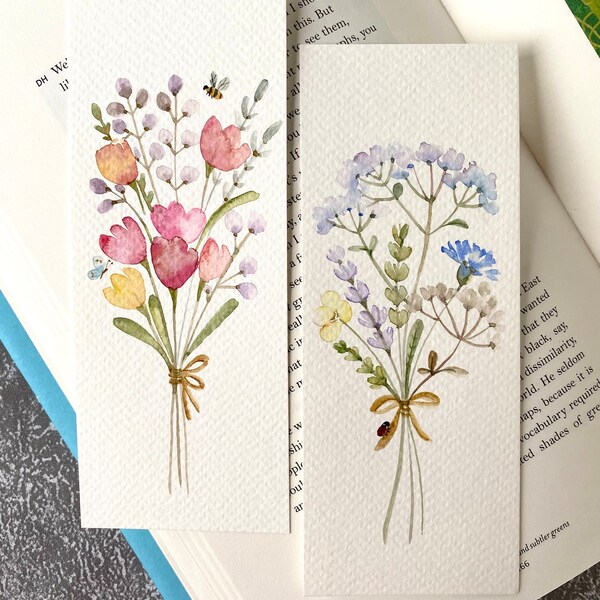 Flower bouquet bookmarks, Original watercolor painting, set of 2, size 2.3”x6”, handmade bookmark,gift for readers & book lover, floral art