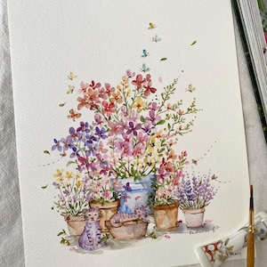 Katvriendelijke tuin, origineel handgeschilderd, wanddecor, aquarelkunst, geen afdruk, 8 x 10 inch, kunst, kleurrijke kunst, muurkunst, bloemsierkunst