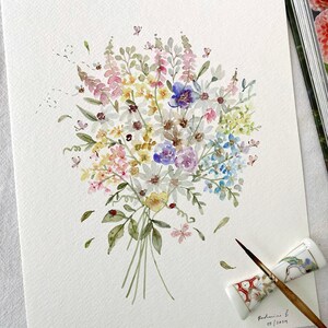 Bouquet de fleurs de printemps, original peint à la main, aquarelle, pas une impression, 20 x 25 cm, art botanique, art coloré, art mural, art floral, mignon