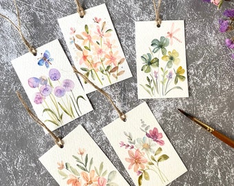 Modern floral gift tags, Original watercolor painting, set of 10, size 2.3” x3.5”, handmade gift tags, floral gift tags, rectangle tags