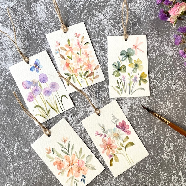 Modern floral gift tags, Original watercolor painting, set of 10, size 2.3” x3.5”, handmade gift tags, floral gift tags, rectangle tags