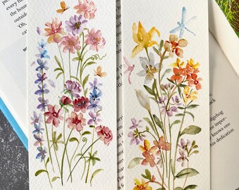 Flower garden bookmarks, Original watercolor painting, set of 2, size 2.3”x6”, handmade bookmark,gift for readers & book lover, floral art