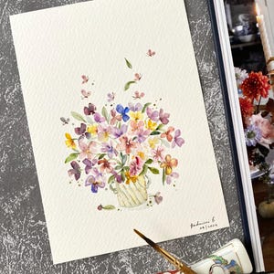 Stiefmütterchen Blumenstrauß, Original handgemalt, Aquarell, kein Druck, 13 x 18 cm, botanische Kunst, Kunst, Wandkunst, Blumenkunst, niedliche Kunst