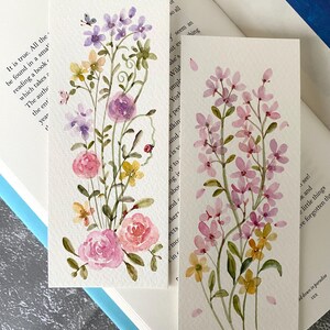 Marcapáginas de flores de primavera modernas, pintura de acuarela original, juego de 2, tamaño 2,3" x 6", marcapáginas hecho a mano, regalo para lectores y amantes de los libros, lindo