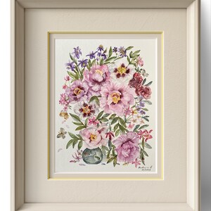 Original Pfingstrosen Aquarell Gemälde, botanische Blumenkunst (8x10 ungerahmt)