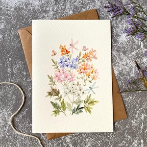 Tarjeta de flores de jardín, tarjeta de felicitación de acuarela, pintura de acuarela original, tarjeta colorida, tarjeta hecha a mano con sobre, tarjeta en blanco