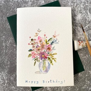 Carte d'anniversaire vase à fleurs, carte de voeux aquarelle, aquarelle originale, carte colorée, carte faite main avec enveloppe, carte vierge