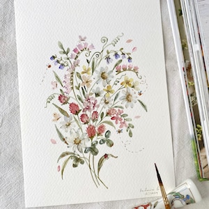 Buquê de flores silvestres, Original pintado à mão, decoração de parede, arte em aquarela, Não é uma impressão, 6”x8”, arte botânica, arte, arte de parede, arte floral