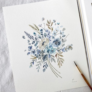 Nuances de bleu, Original peint à la main, décoration murale, aquarelle, Pas une impression, 20 x 10 cm, art botanique, art coloré, art mural, art floral