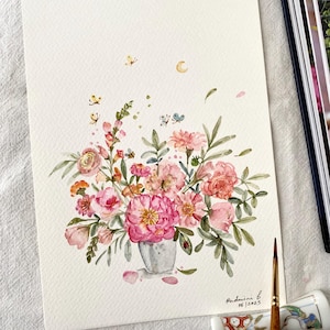 Peonías coral, arte original pintado a mano, decoración de pared, acuarela original, no es una impresión, 15 x 20 cm, arte botánico, arte, arte mural, arte floral