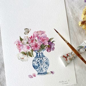 Petit vase bleu vintage, Original peint à la main, décoration murale, aquarelle, Pas une impression, 6 x 8 po, art botanique, art, art mural, art floral