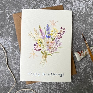 Carte de bouquet de fleurs, carte de voeux aquarelle, aquarelle originale, carte d'anniversaire, carte faite main avec enveloppe, carte vierge,