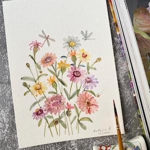 Jardín lleno de color, pintado a mano, decoración de pared, arte de acuarela, no es una impresión, 6" x 8", arte botánico, arte, arte de pared, arte floral
