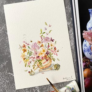 Herbst Vibes, Aquarell Kunst, handgemalt, Blumendekor, 13 x 18 cm, Kein Druck, 13 x 18 cm
