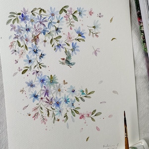 Pájaros y flores, arte original pintado a mano, decoración de pared, arte de acuarela, no es una impresión, 8" x 10", arte botánico, arte colorido, arte de pared, arte floral