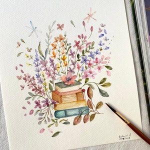 Livres et fleurs, Original peint à la main, décoration murale, aquarelle, Pas une impression, 20 x 10 cm, art botanique, art mural, art floral, art coloré