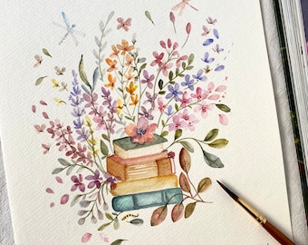 Libri e fiori, Dipinto a mano originale, decorazione murale, arte ad acquerello, Non una stampa, 8"x 10", arte botanica, arte murale, arte floreale, arte colorata