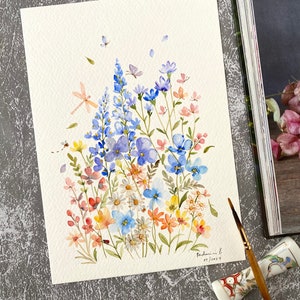 Jardin de fleurs en fleurs, Original peint à la main, décoration murale, aquarelle, Pas une impression, 6 x 8 po, art botanique, art, art mural, art floral