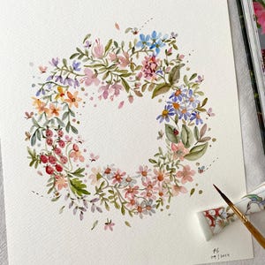 Jardin de fleurs circulaire, original peint à la main, 20 x 10 cm, décoration murale, aquarelle, pas une impression, art botanique, art mural, art floral, coloré