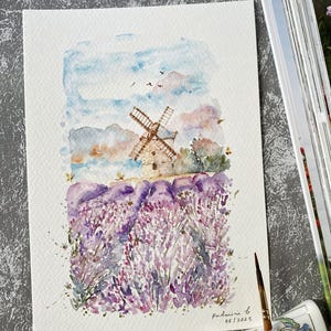 Feld Lavendel, handgemalt, Aquarell, kein Druck, 15x20x1,5 cm Blumenfeld, Lavendel Feld, Blumen Kunst