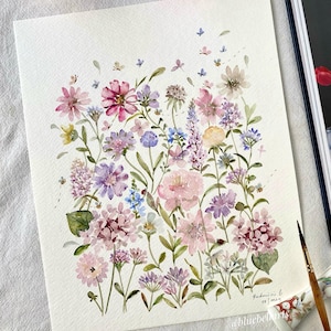 Jardin coloré, Original peint à la main, aquarelle, Pas une impression, 20 x 25 cm, art botanique, art coloré, art mural, art floral, art mignon